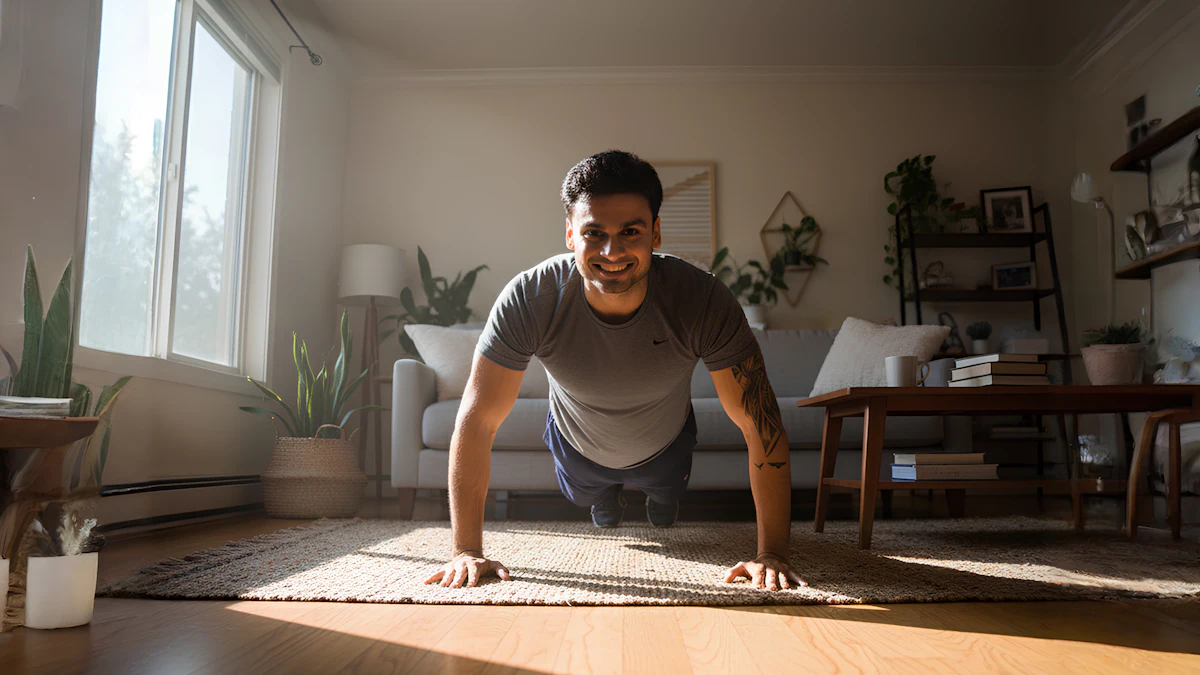 Homem fazendo flexões na sala de casa